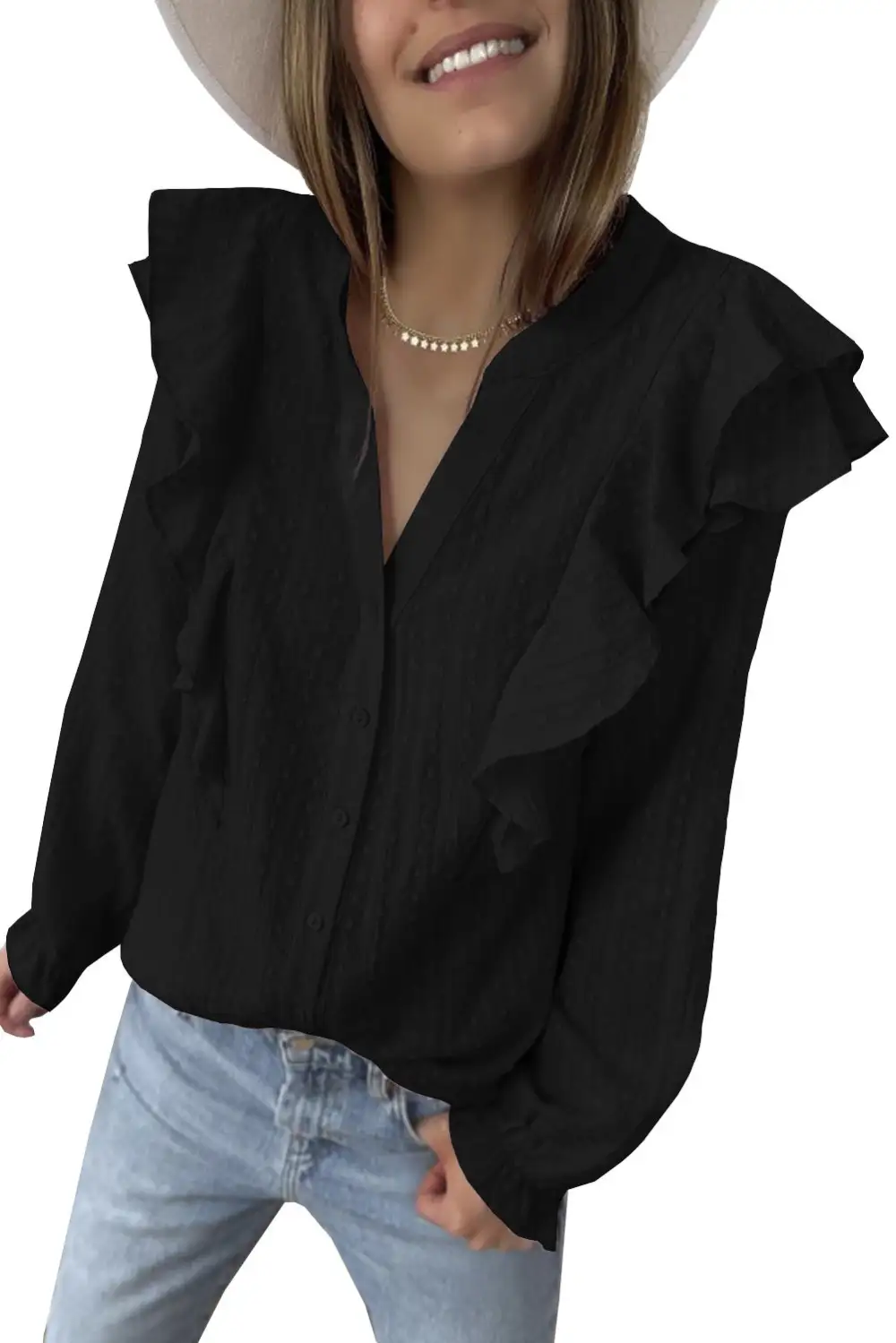 Dotted Texture Sheer Ruffles Bubble Sleeves Shirt