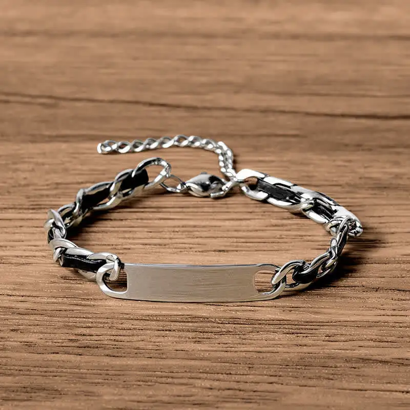 Chain Leather Inlay Bar Plate Braided Leather Bracelet