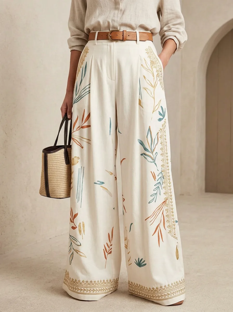 Women's Off-White Botanical Print High-Waisted Wide-Leg Trousers