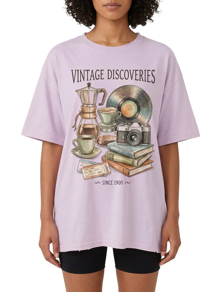 Women's Unisex Vintage Discoveries Coffee Vinyl Camera Graphic T-Shirt