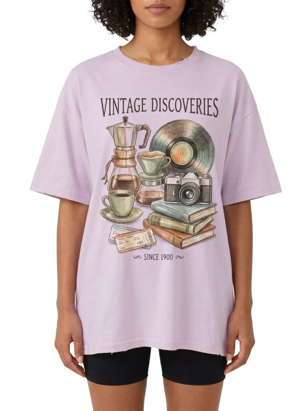 Women's Unisex Vintage Discoveries Coffee Vinyl Camera Graphic T-Shirt