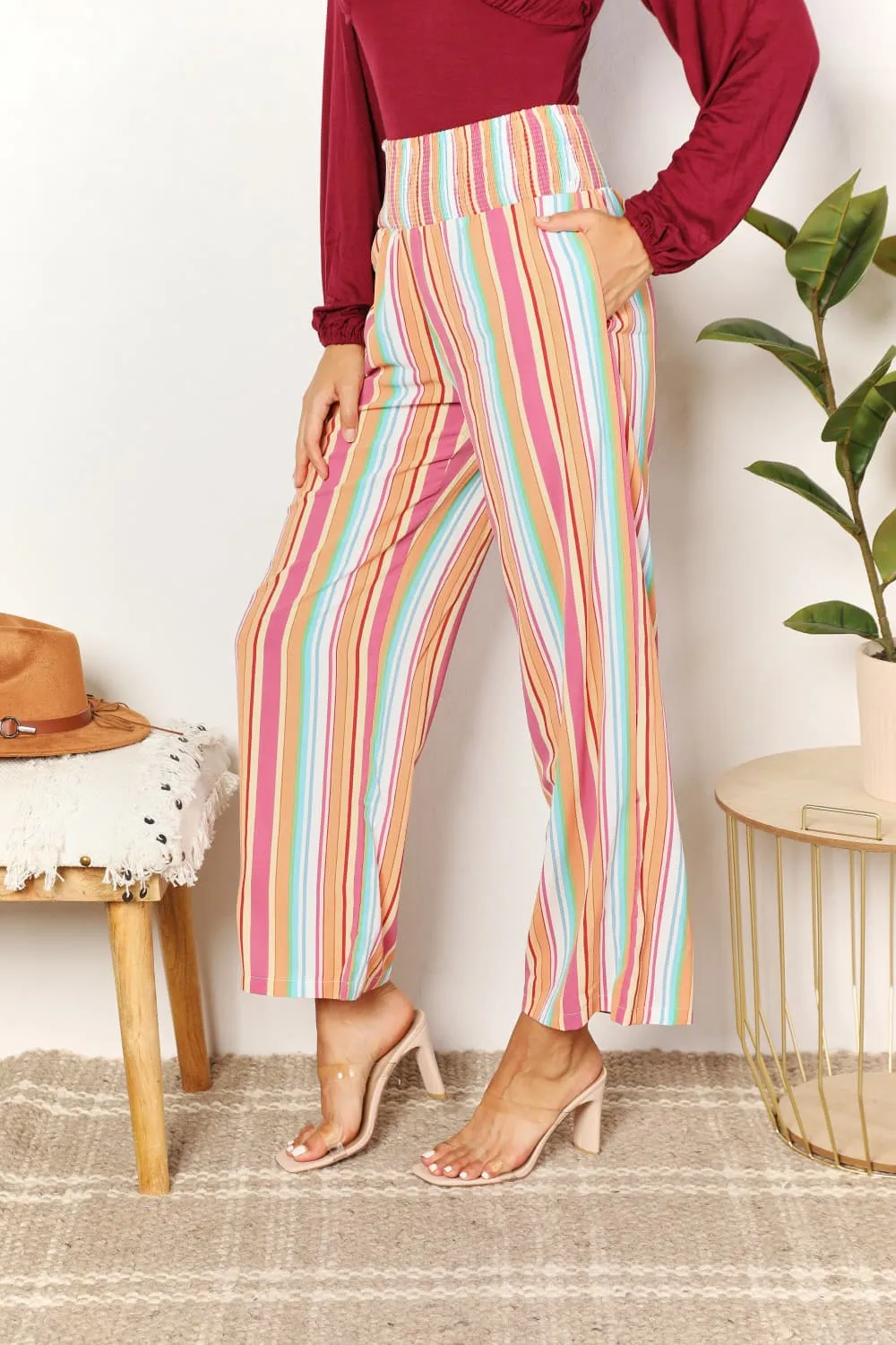 Daily Striped Smocked Waist Pants With Pocket