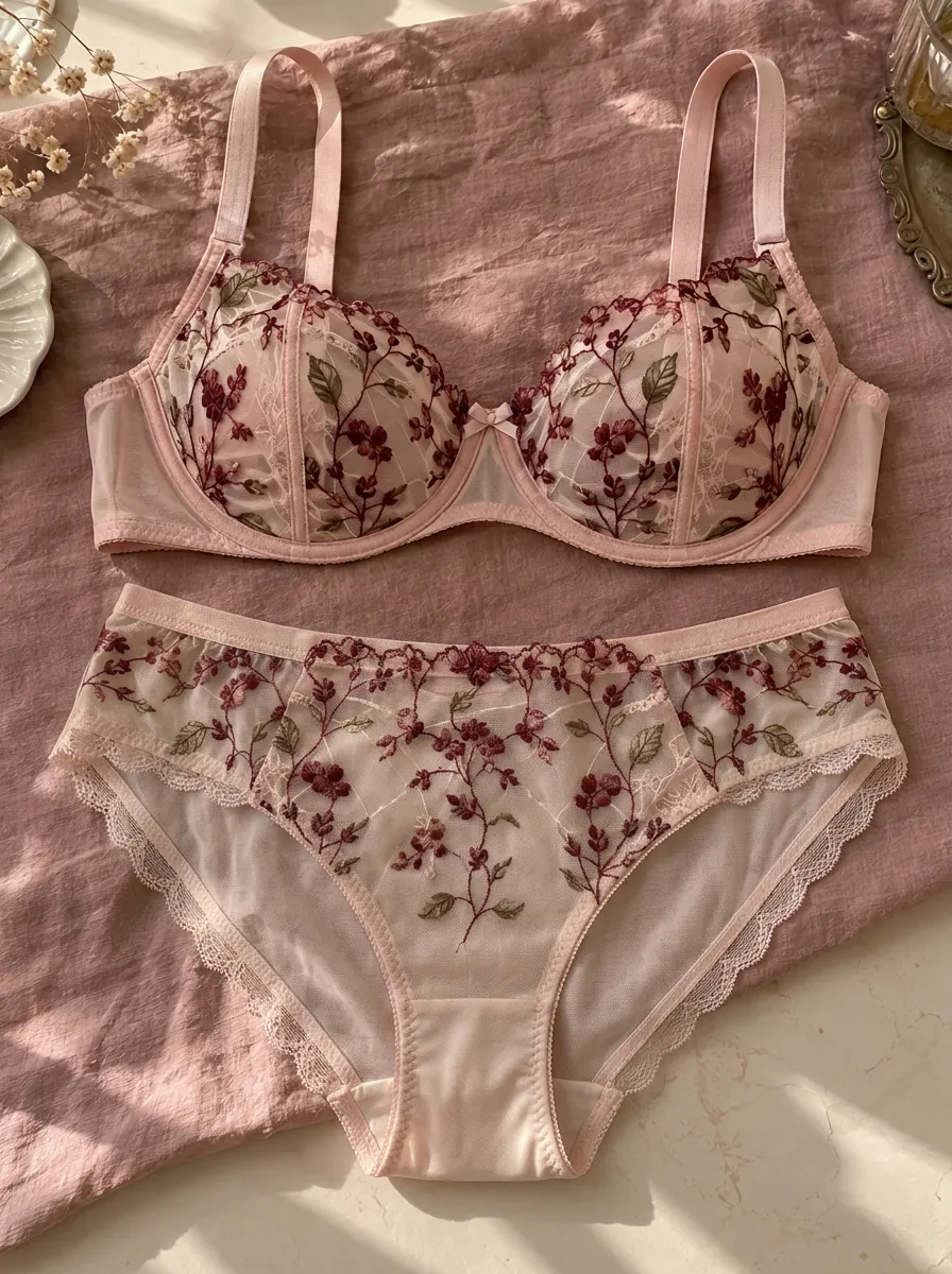Women's Floral Embroidery Mesh Blush Lingerie Set
