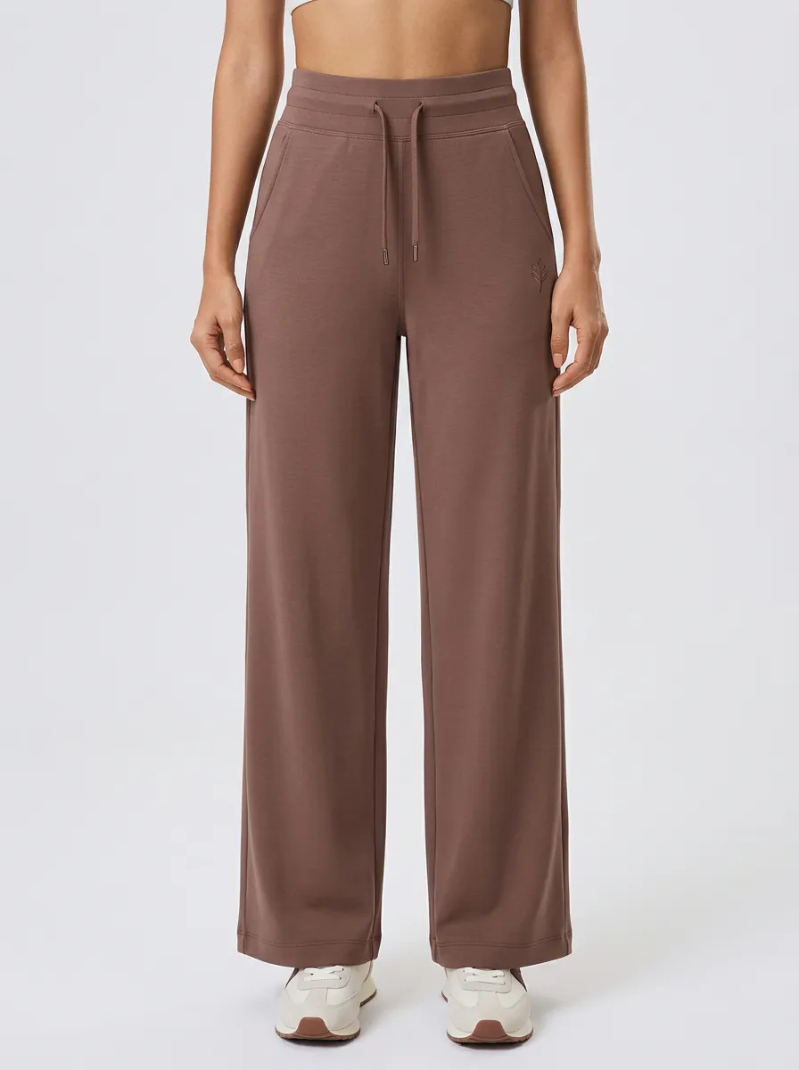 Women's Solid Brown Minimalist Drawstring Wide Leg Sweatpants