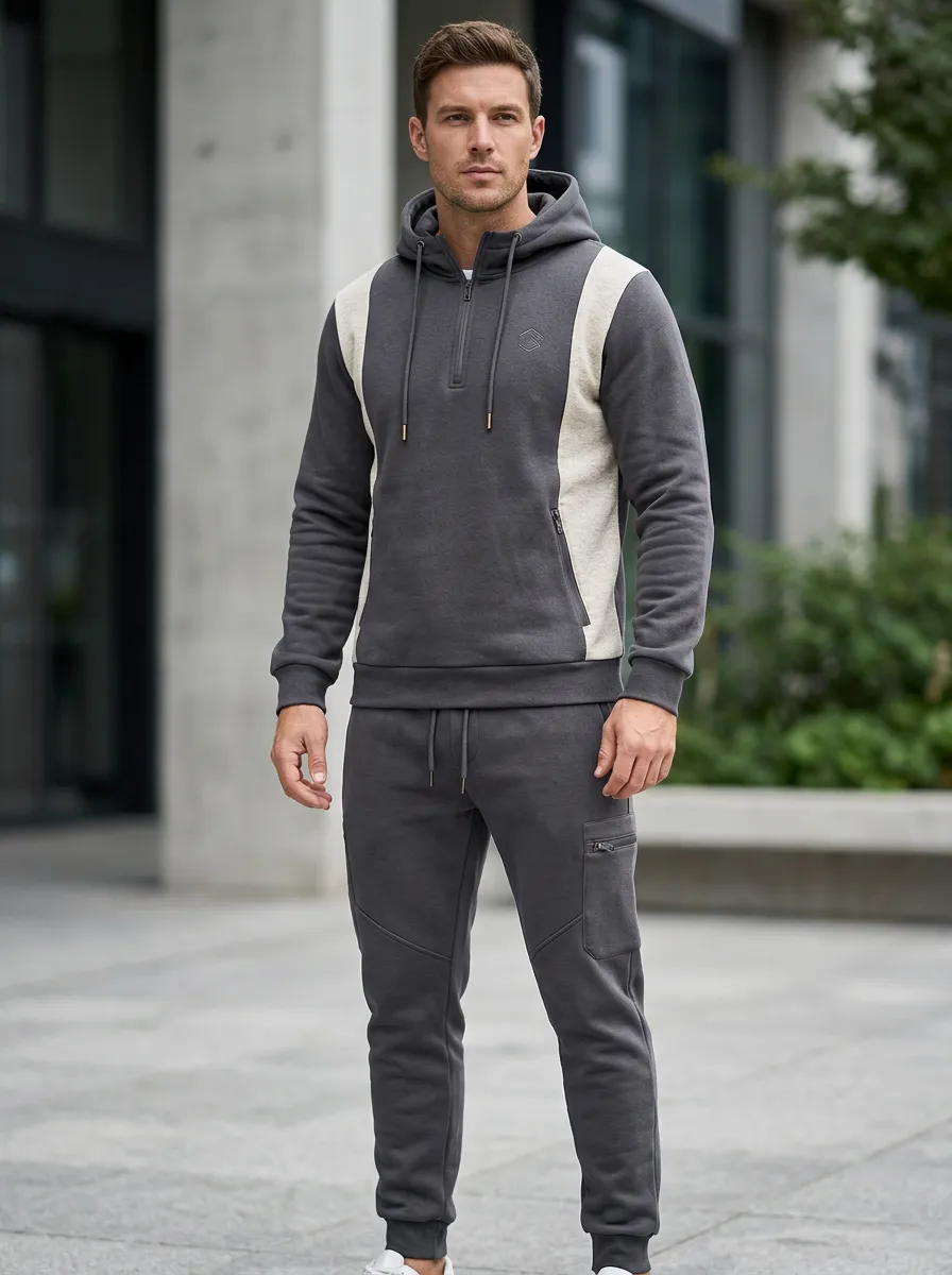 Men's Quarter-Zip Cargo Jogger Colorblock Hoodie and Jogger Set