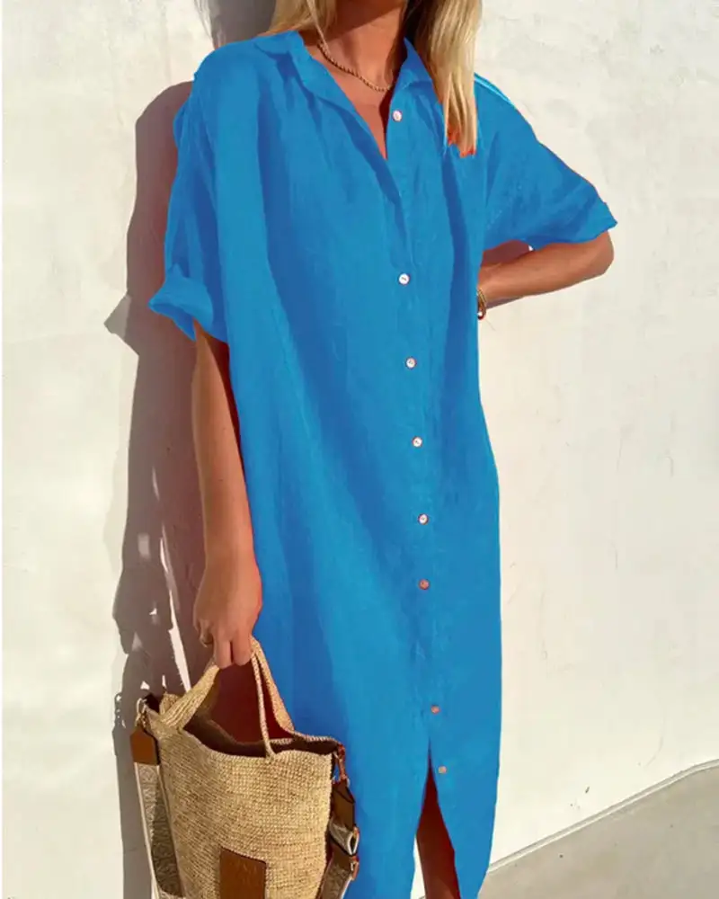Women's Shirt Short-Sleeve Button-Detail Summer Dress