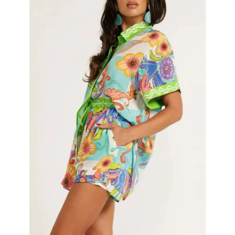 Lightweight Printed Button Up Shirt and Shorts Set