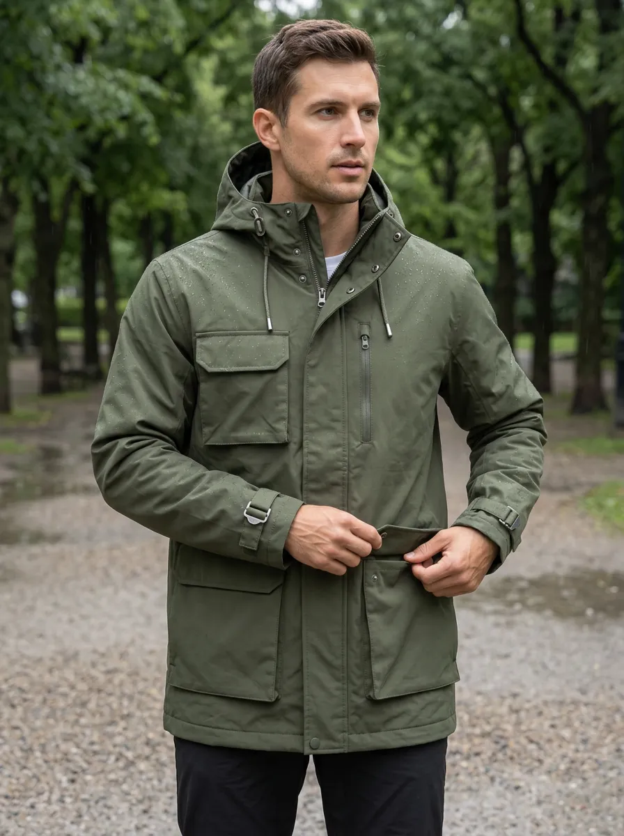 Men's Olive Green Waterproof Hooded Jacket with Snap Fastenings