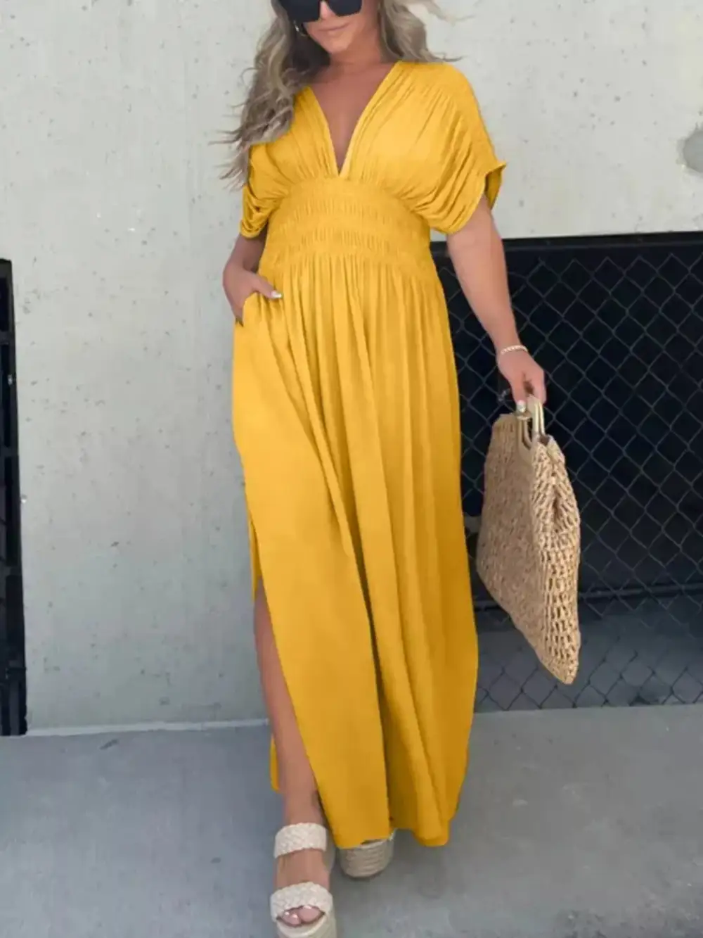 V Neck Smocked Slit Maxi Dress
