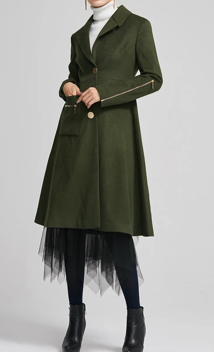 Wool Blend Tailored Pocketed Button Front Midi Coat