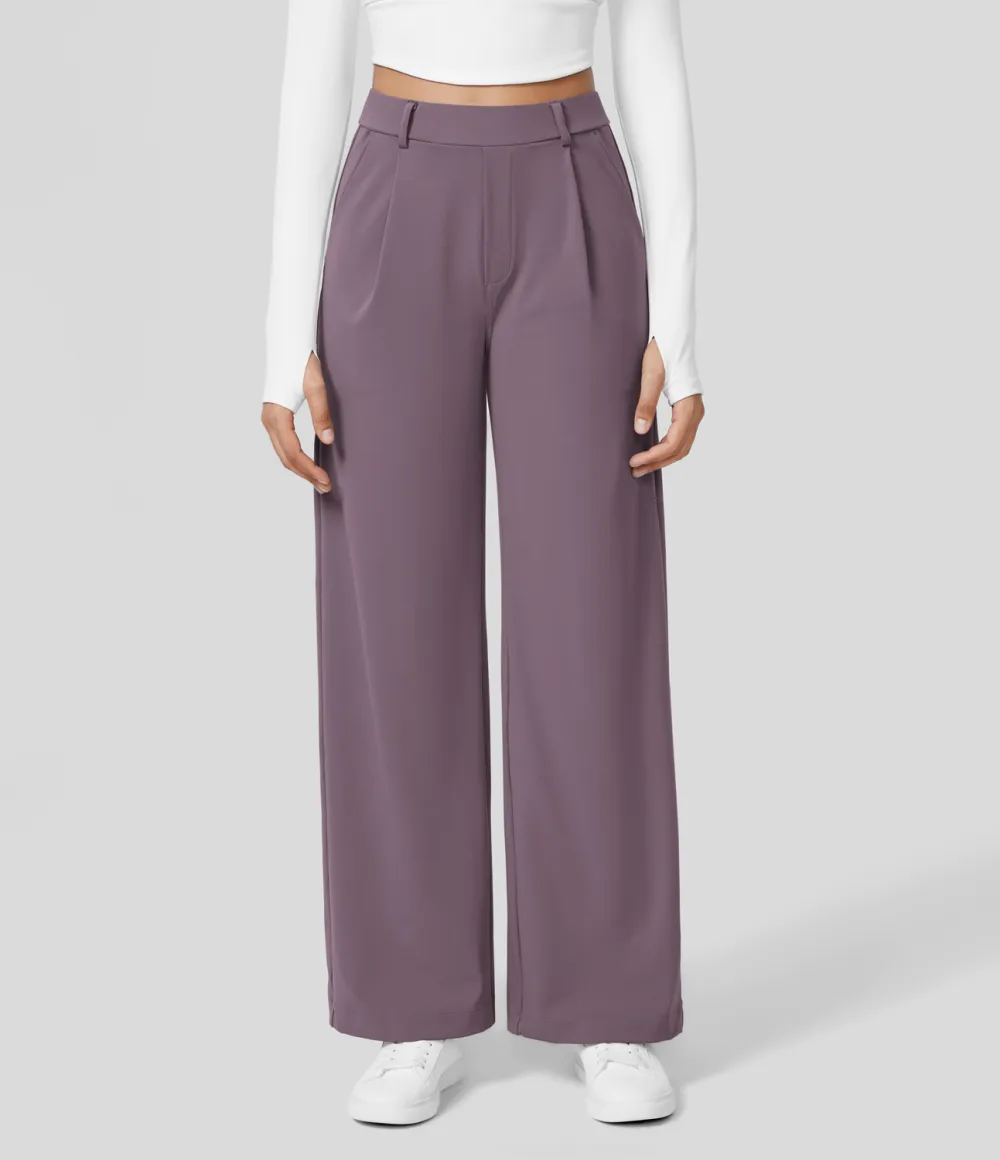 2026🔥  High Waisted Plicated Side Pocket Straight Leg Work Pants