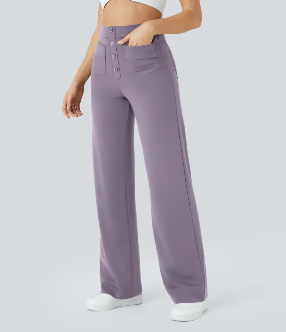 High Waisted Button Multiple Pockets Straight Leg Casual Pants