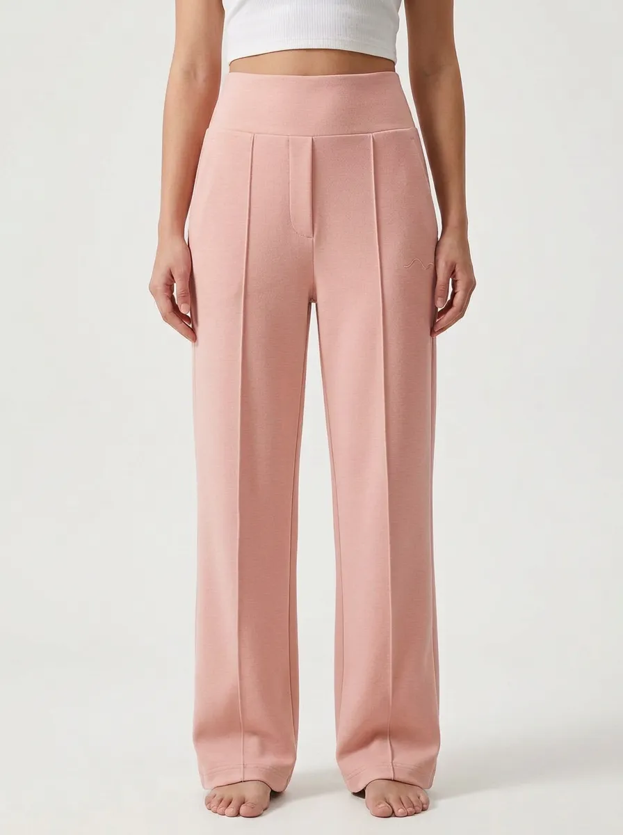 Women's Minimalist Beige Solid Color Embroidered Wide Leg Trousers