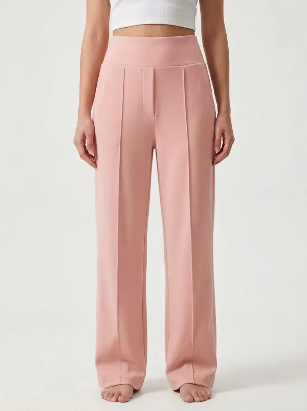Women's Minimalist Beige Solid Color Embroidered Wide Leg Trousers