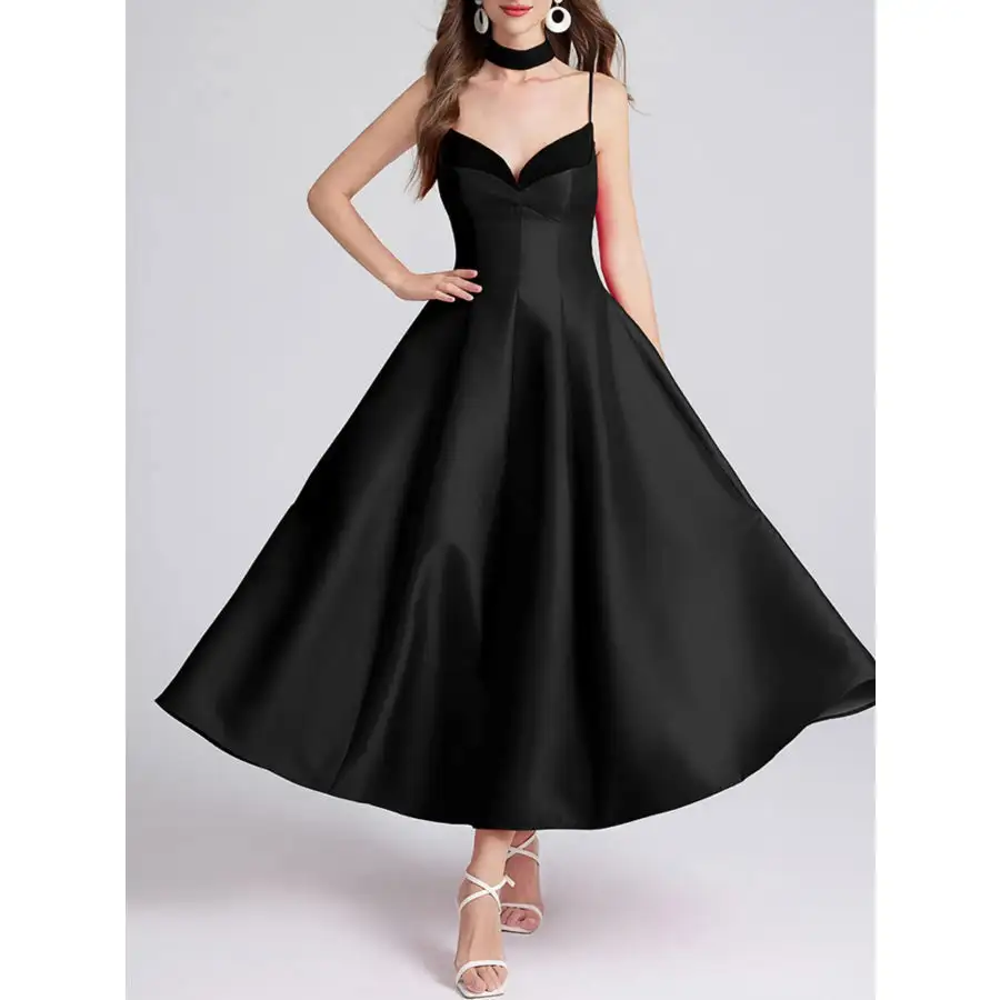 Sweetheart Spaghetti Strap Midi Dress with Collar