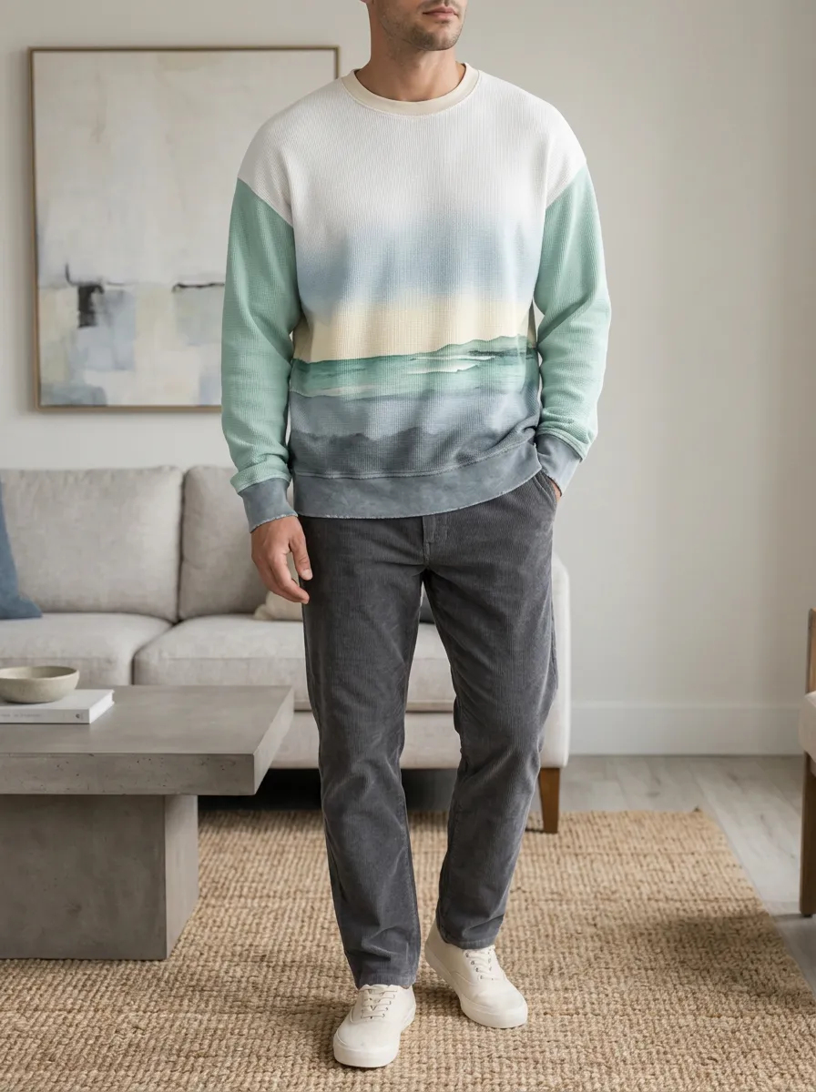 Men's Coastal Landscape Printed Waffle Knit Crewneck Sweatshirt