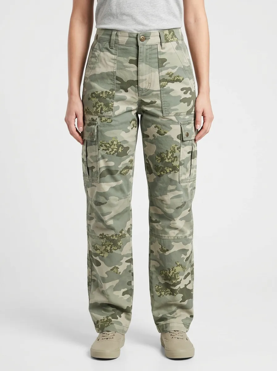 Women's Camouflage High-Rise Snap-Flap Pocket Straight-Leg Cargo Pants