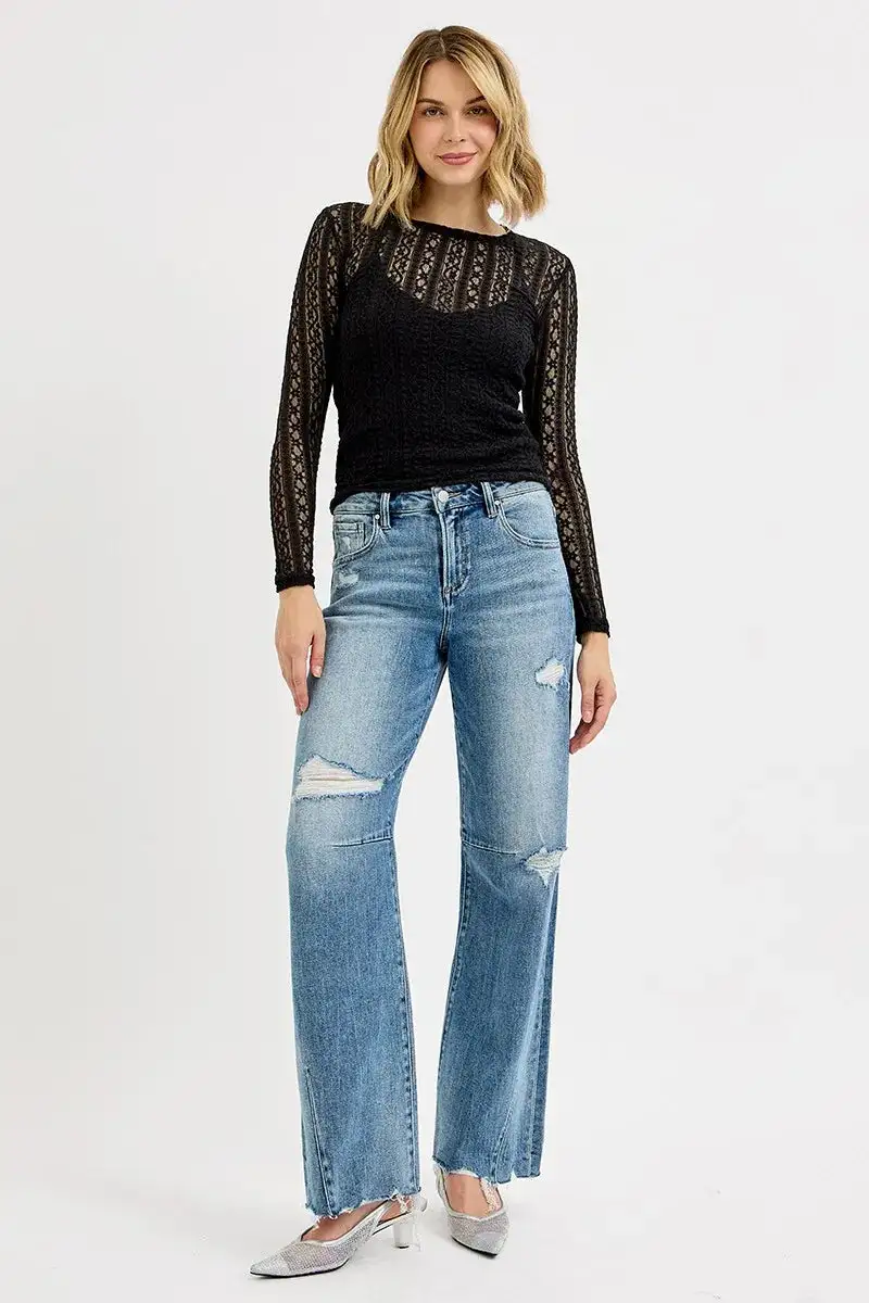 Mid Rise Wide Leg Washed Denim Jeans