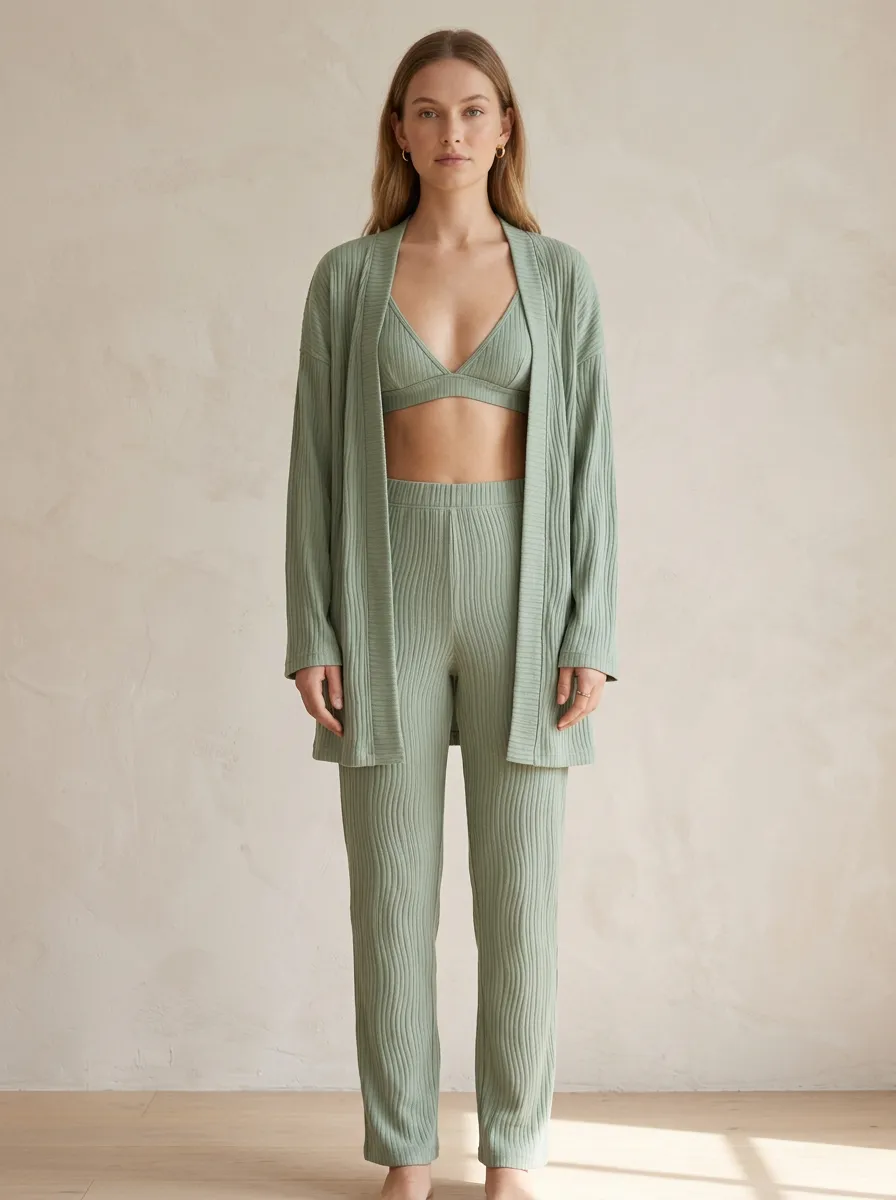 Ribbed Textured Open Front Cardigan Lounge Set