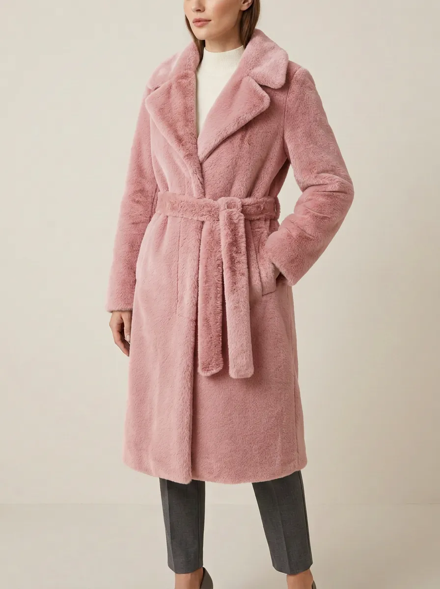 Self Tie Belt Solid Faux Fur Belted Coat