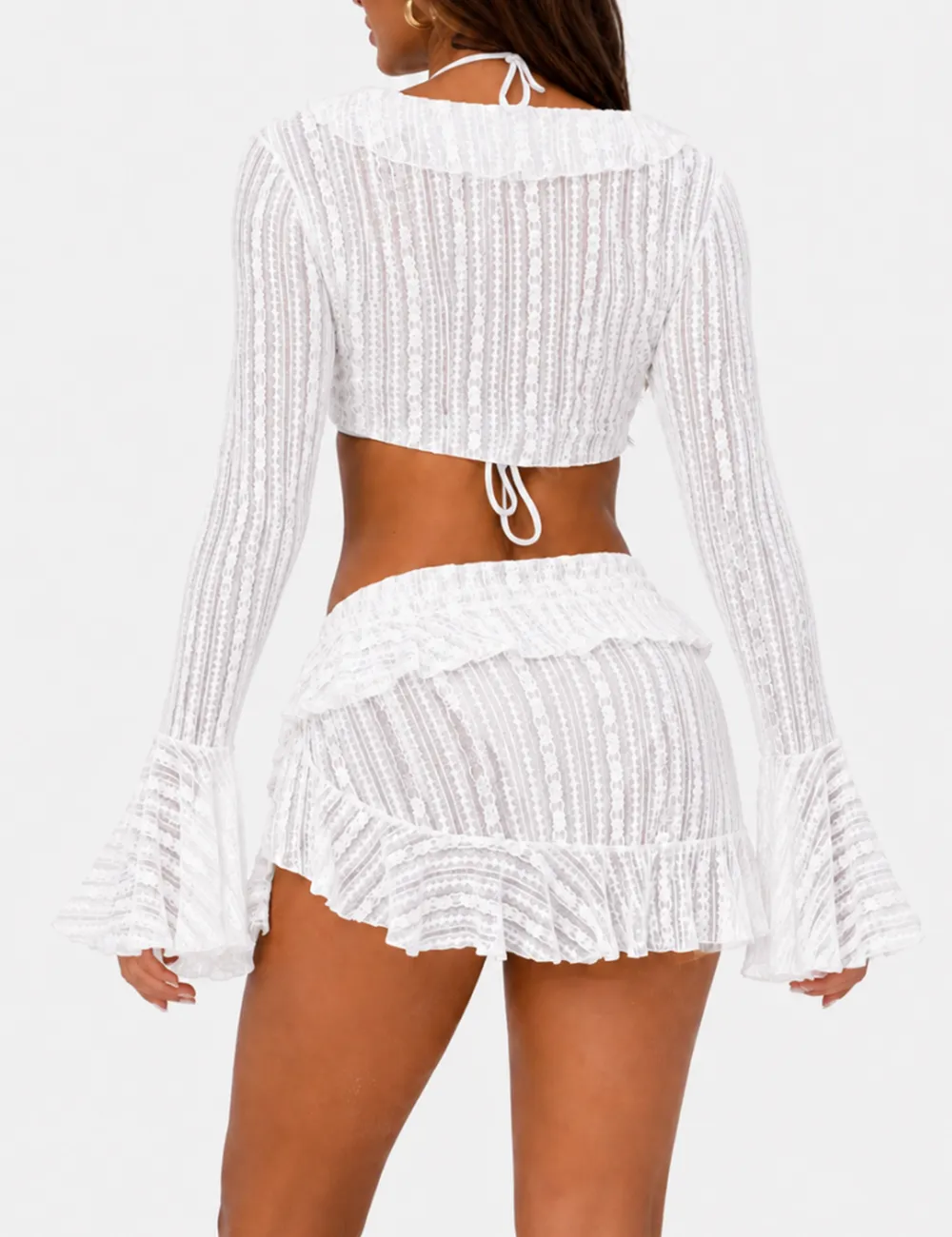 Solid Color Triangle Bikini Four Piece Set with Cover Up and Mini Skirt