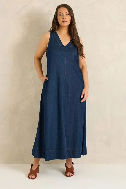Indigo Blue Sleeveless Cotton Denim Dress