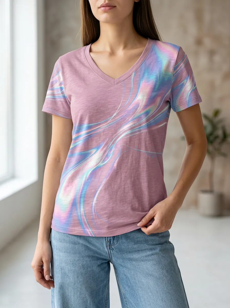Women's Abstract Art Holographic Swirl Printed V-Neck T-Shirt
