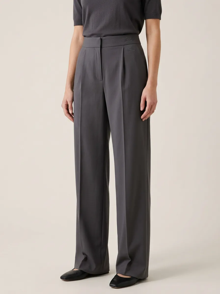 Embroidered High Rise Wide Leg Trousers