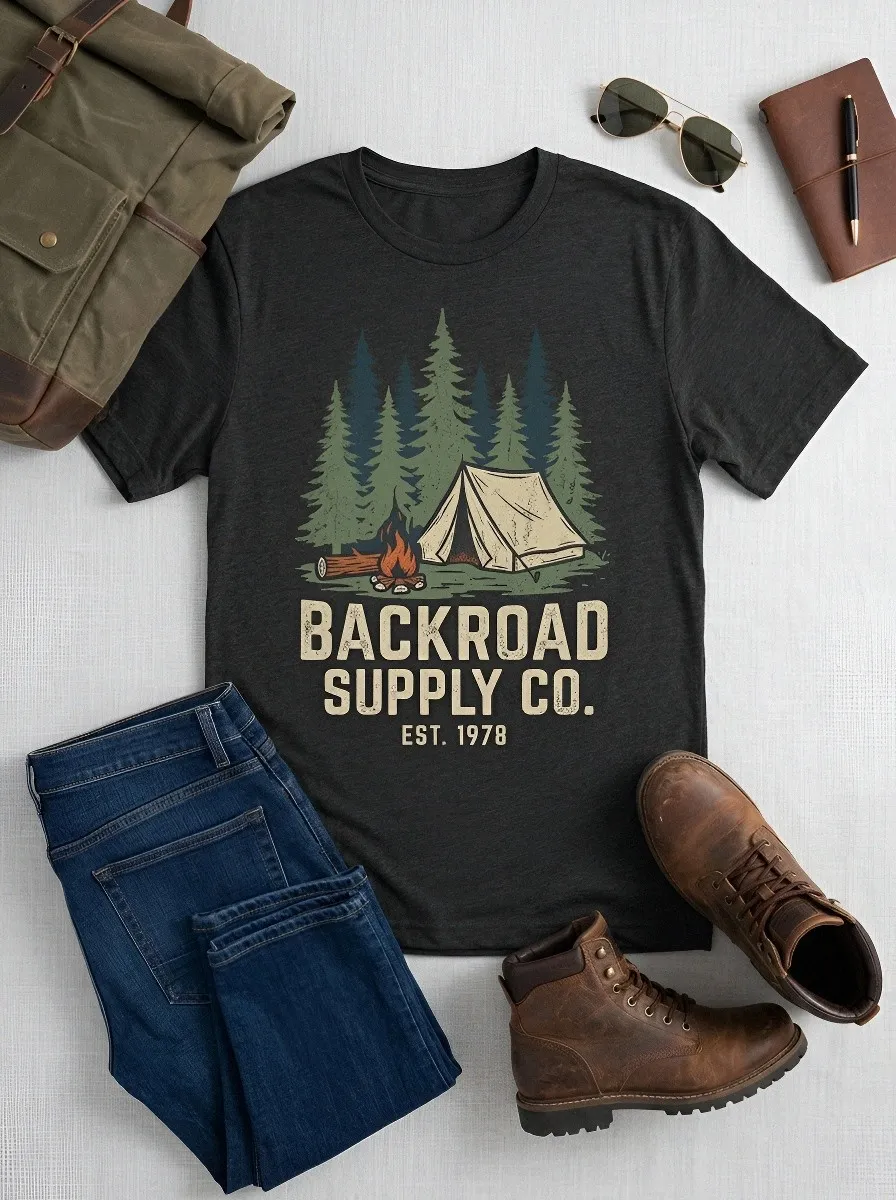 Men's Camping Lover Forest Tent Campfire Printed T-shirt
