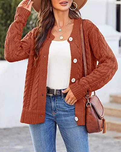 Women Loose Long Sleeve Crewneck Cable Knit Sweater Open Front Button Down Cardigan Soft Chunky Rid Outwear Coat