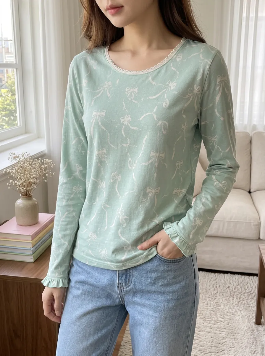 Women's Soft Everyday Sweet Style Bowknot Pattern Printed Long Sleeve T-shirt
