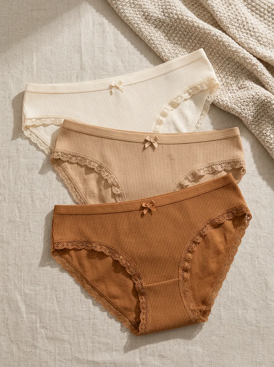 Women's Understated Ribbed Lace-Trim Briefs Set