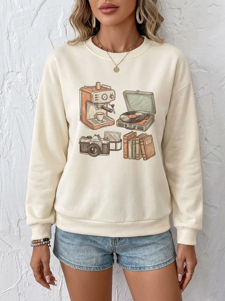 Women's Retro Hobby Lover Coffee Camera Record Books Printed Sweatshirt