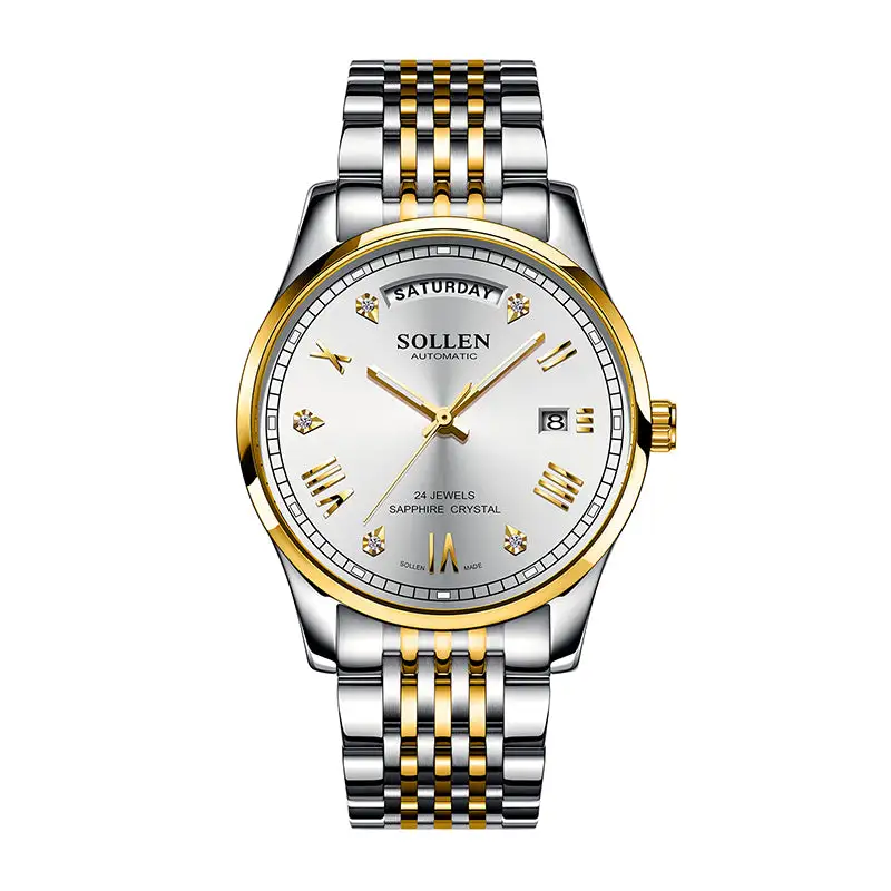 Sollen 9016 Automatic Watch - Men's Full Day Date Sunray Dial 9-Bead Stainless Steel Bracelet Wristwatch