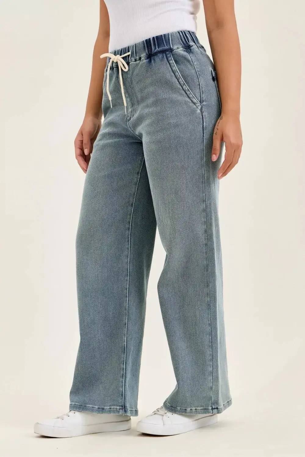Denim Wide Leg Relaxed Fit Drawstring Jeans