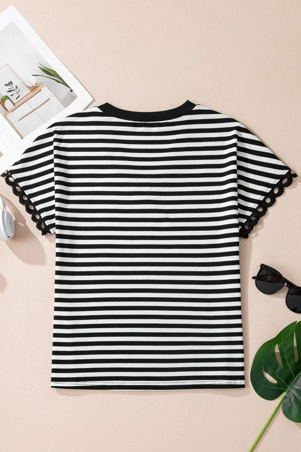 Black Striped Print V Neck Tee