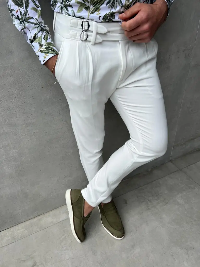 Slim Fit Pleated Buckle Detail Tailored Trousers