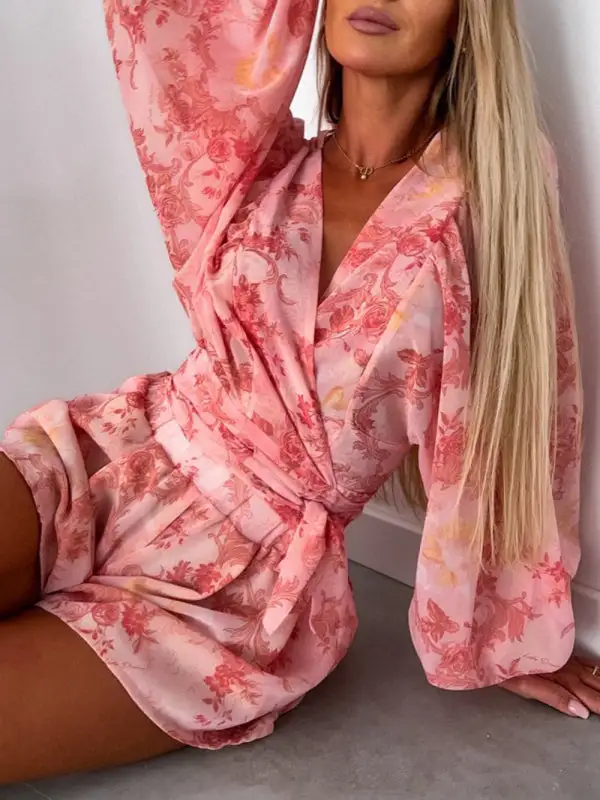Woven Floral Long Sleeved V Neck Shorts