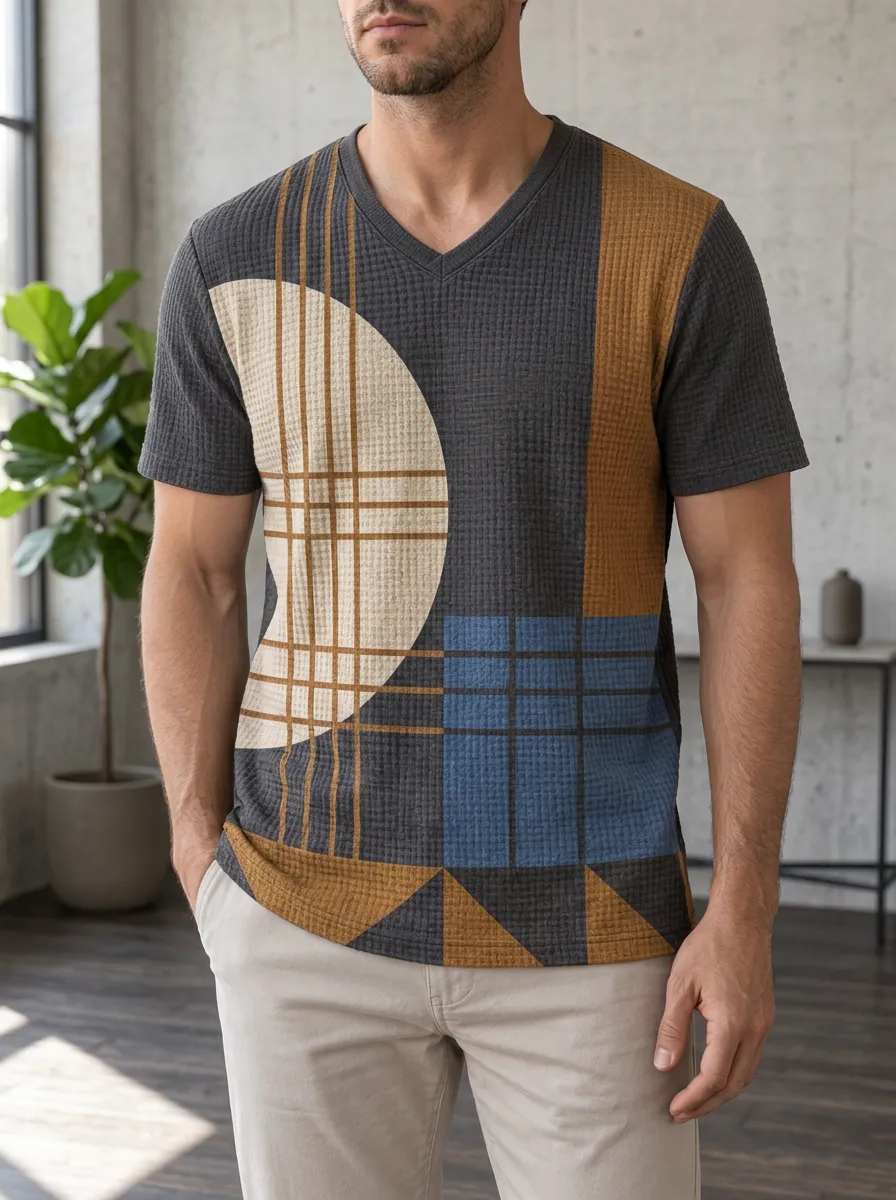 Men's Fluid Abstract Geometric Pattern V-Neck T-Shirt