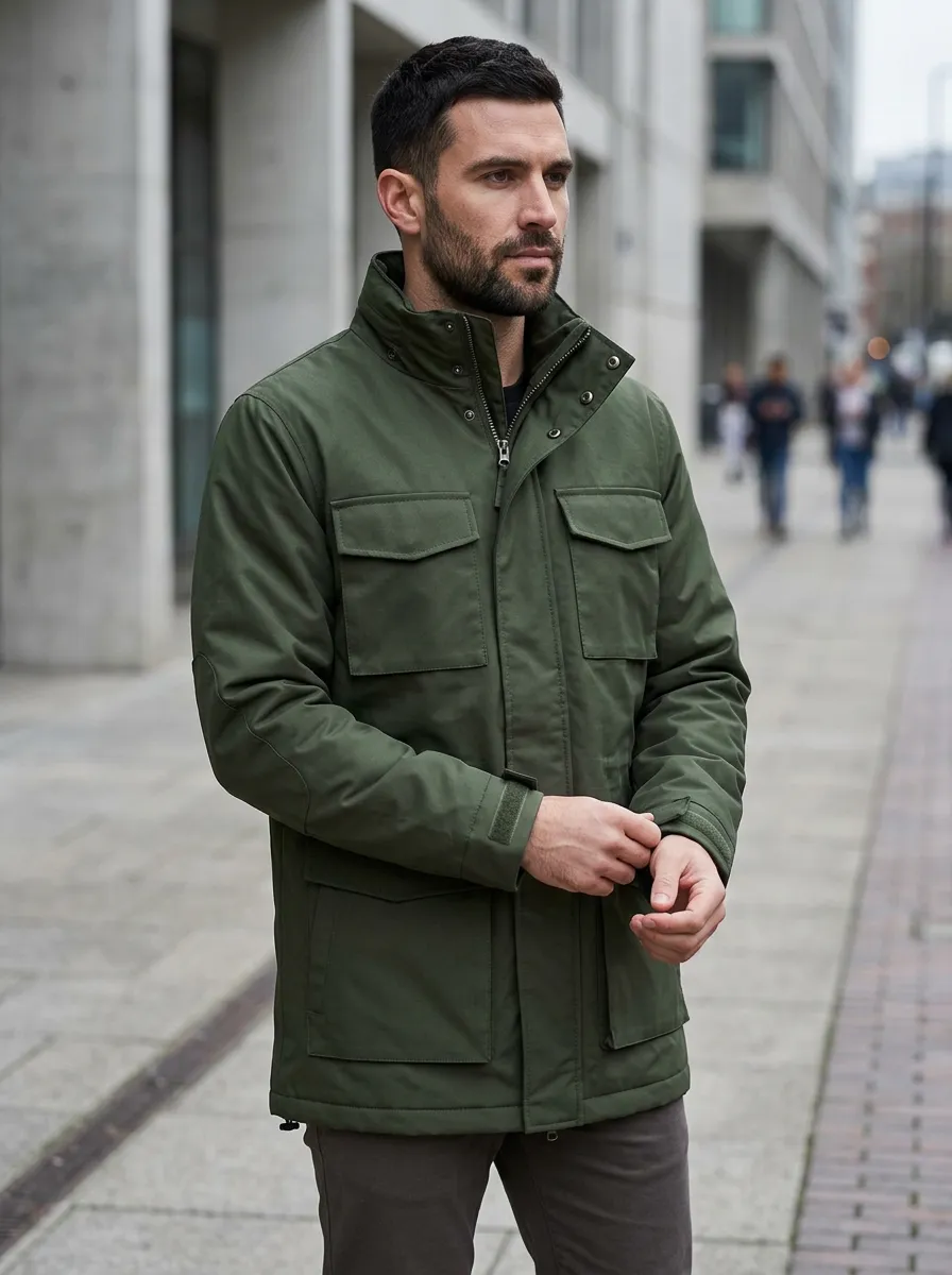 Men's Olive Green Waterproof Jacket with Flap Pockets