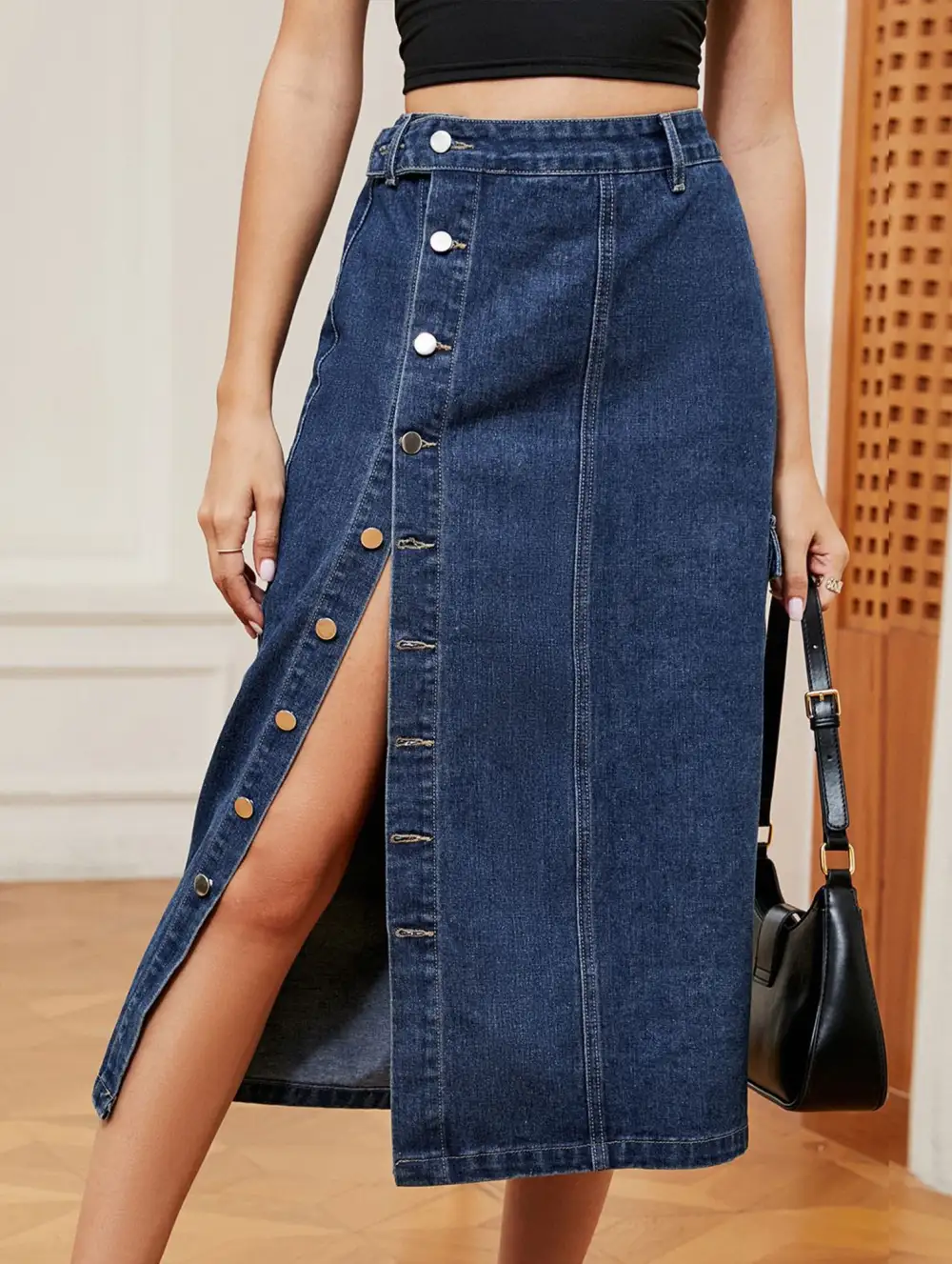 Denim Elastic Waist Midi Skirt