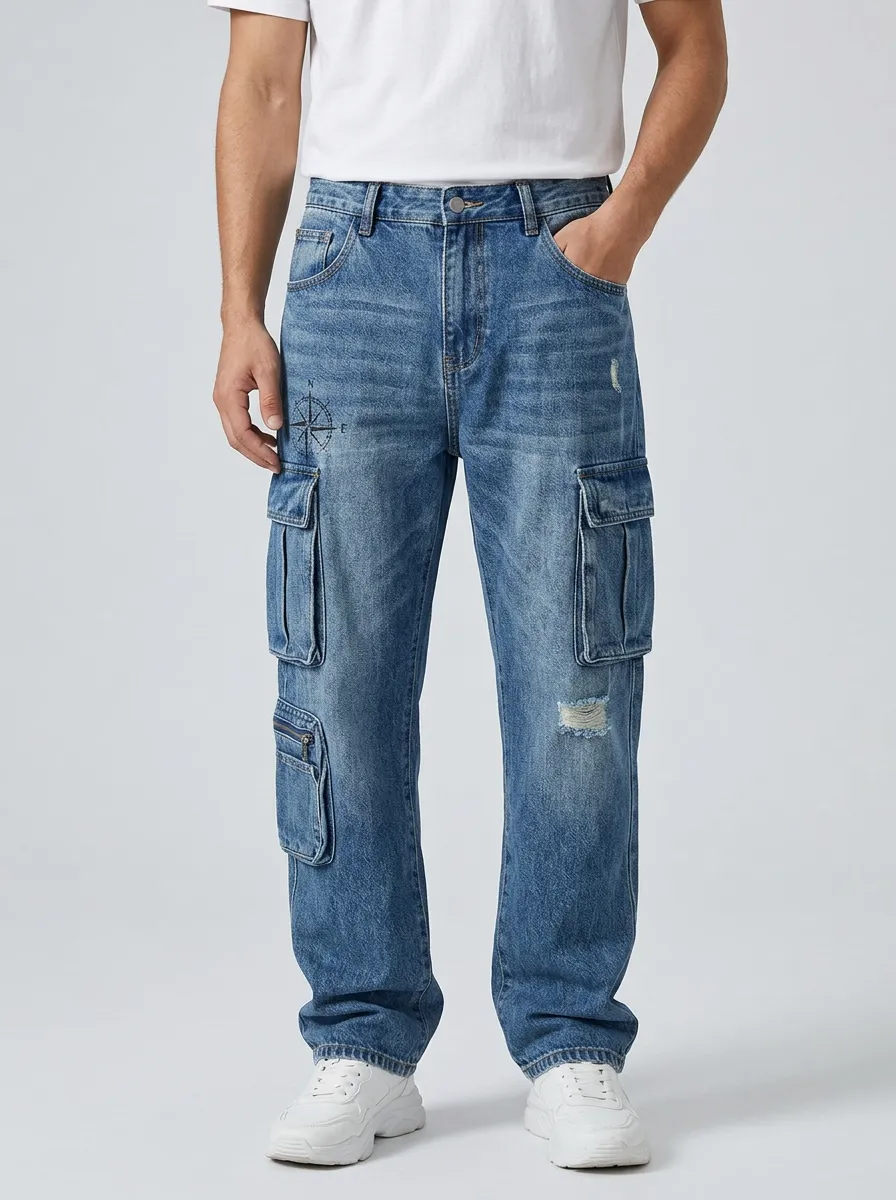 Men's Adventure Compass Printed Distressed Denim Cargo Jeans