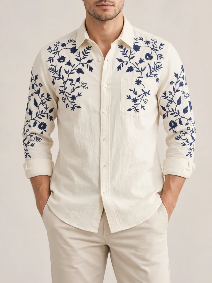 Men's Botanical Embroidered Easygoing Shirt
