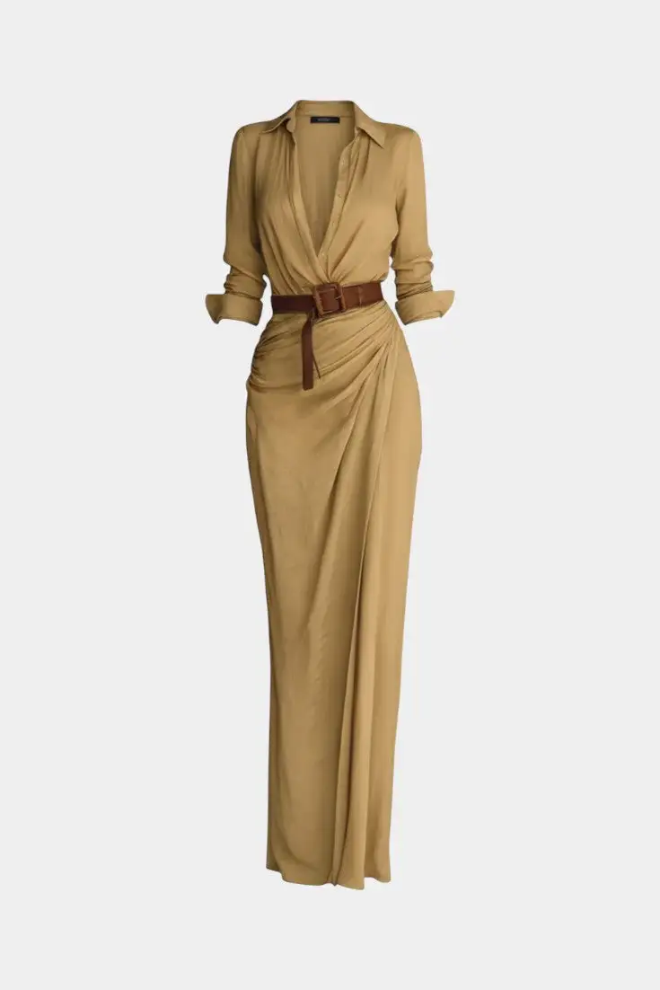 Shirt-Style V-Neck Maxi Dress