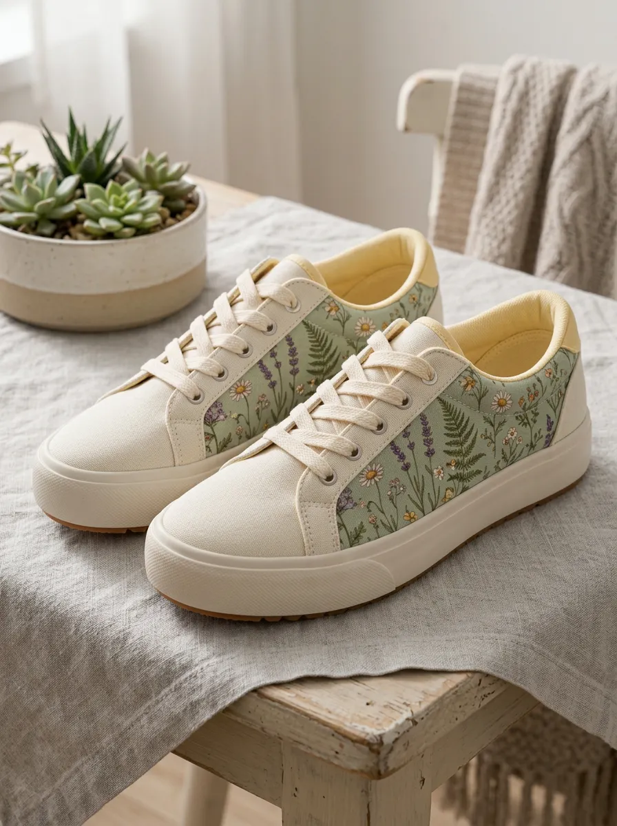 Women's Botanical Garden Daisy Lavender Fern Printed Sneakers