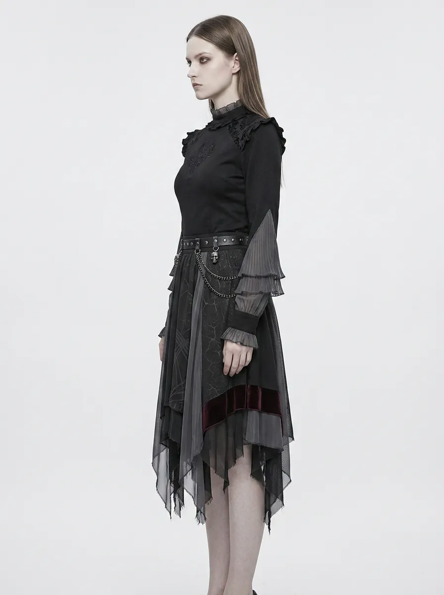 Women's Gothic Raven Embroidery Ruffled Sleeve Printed Top