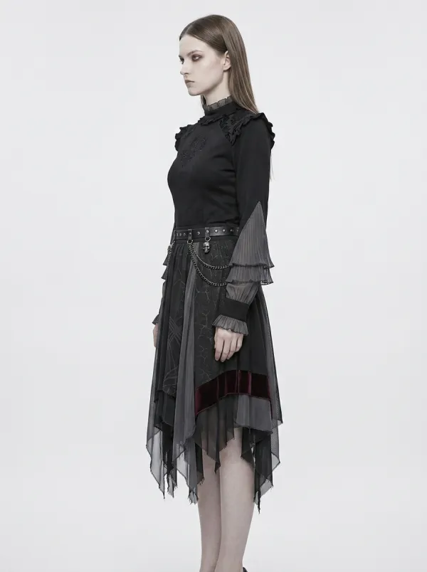 Women's Gothic Raven Embroidery Ruffled Sleeve Printed Top