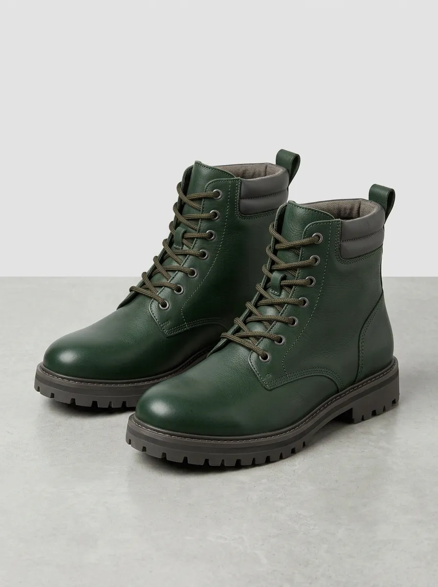 Men's Forest Green Lace Up Combat Boots with Leather and Outdoor Inspired