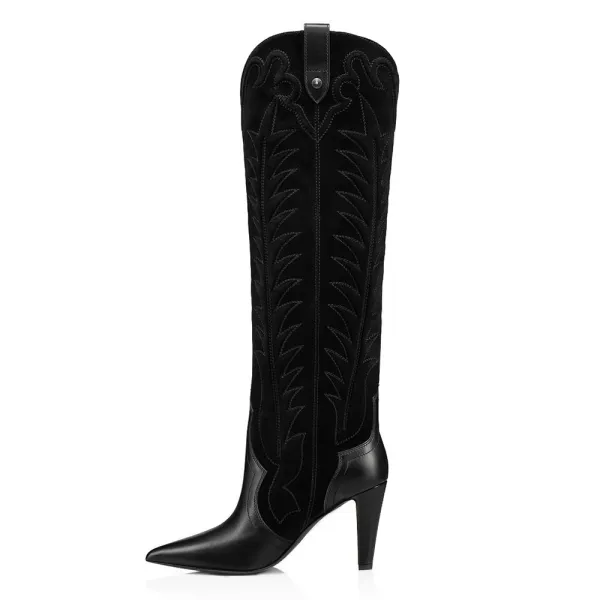 Faux-Suede Faux-Leather Embroidered Pointed-Toe Knee-High Boots