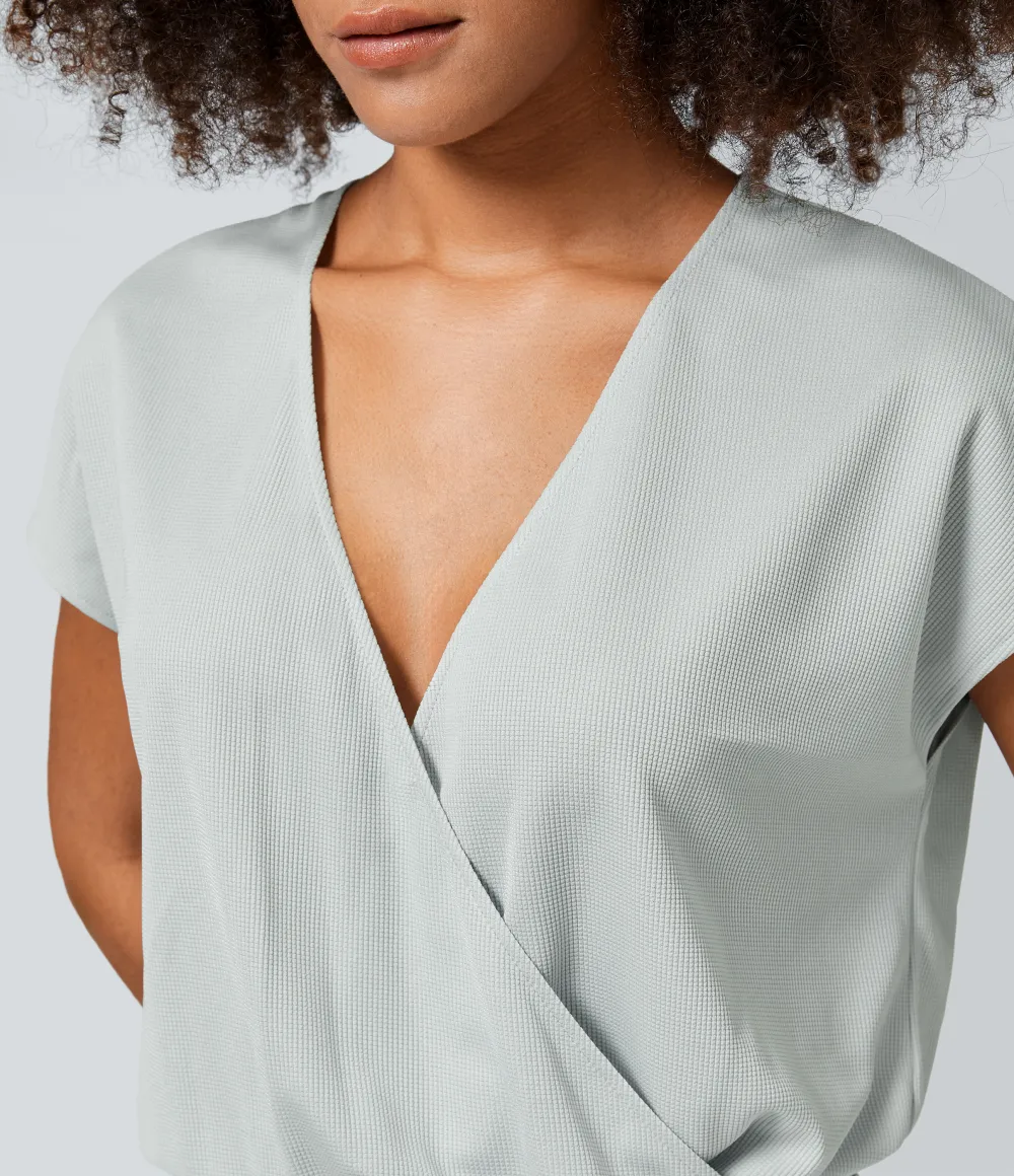 V Neck Short Sleeve Side Pocket Wide Leg Flowy Waffle Casual Jumpsuit